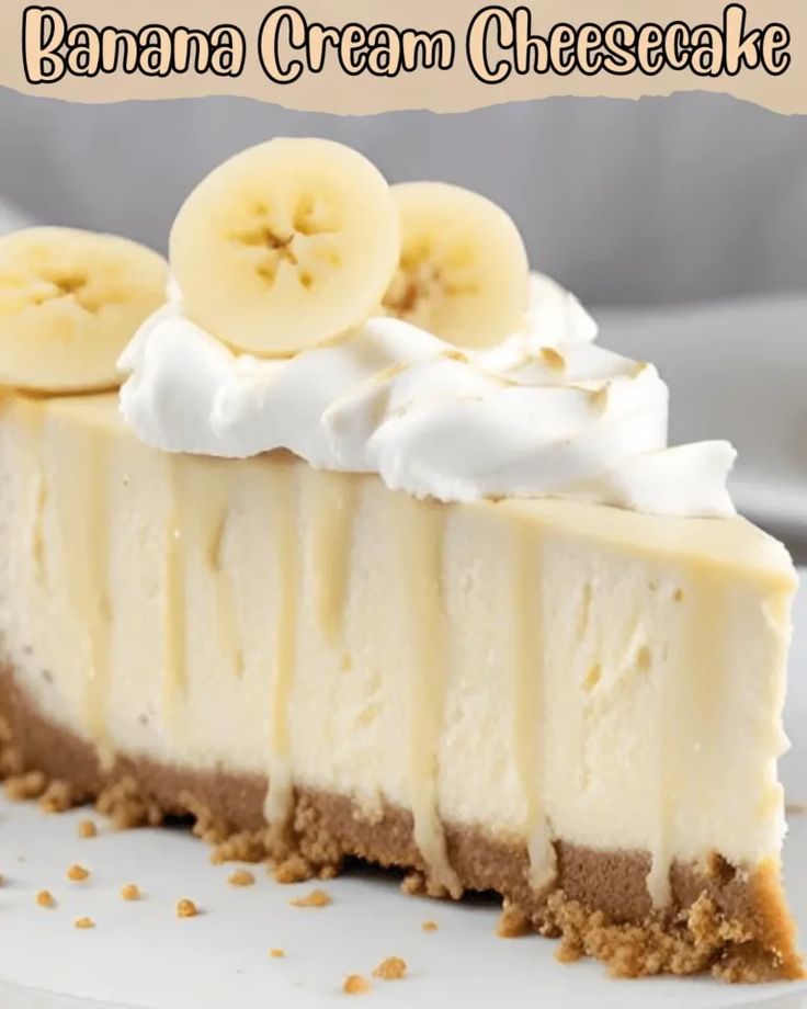 a slice of banana cream cheesecake on a plate