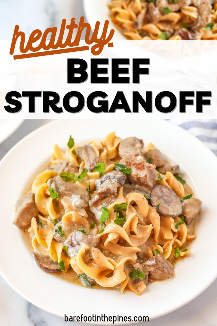 beef stroganoni with mushrooms and parsley in a white bowl on a marble table