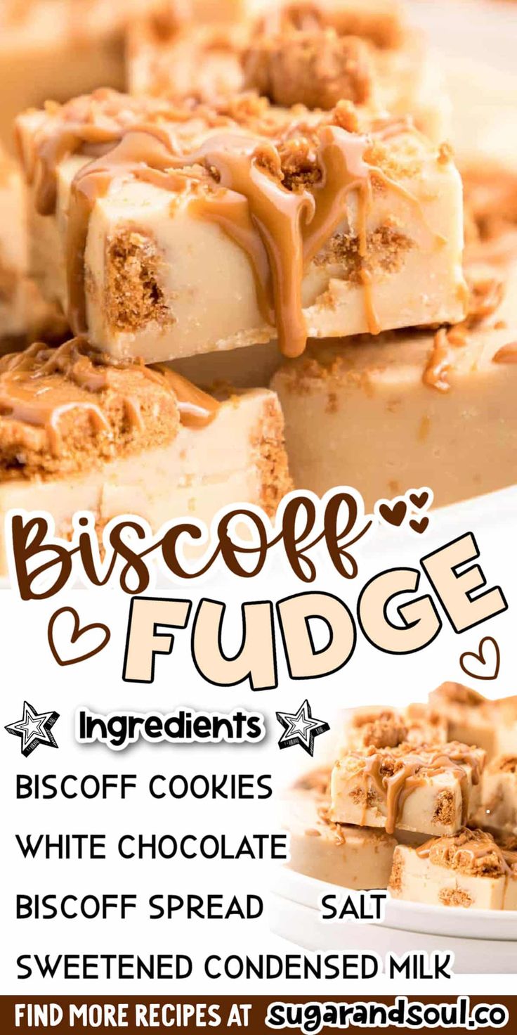 an advertisement for biscoff fudge with white chocolate and caramel drizzle