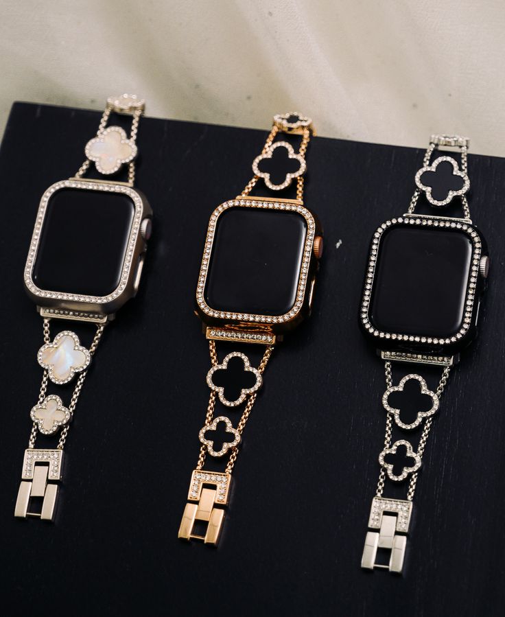 Protection without sacrificing style! 360° full border coverage Diamond bumper for extra flair and sparkle Protects against bumps and scratches from everyday use Allows access to all buttons Easy to apply and switch out Lightweight design Sleek Apple Watch covers created with durability, comfort and style in mind without adding any extra bulk to your wrist for all day wear.*Apple Watch Bands are sold separately Black Diamond Watch, Apple Watch Bands Gold, Apple Watch Cover, Cute Apple Watch Bands, Chunky Silver Jewellery, Apple Watch Bands Fashion, Apple Watch Bands Women, Pretty Watches, Apple Watch Bracelets