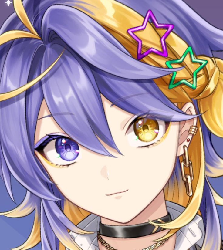 an anime character with purple hair and stars on her head