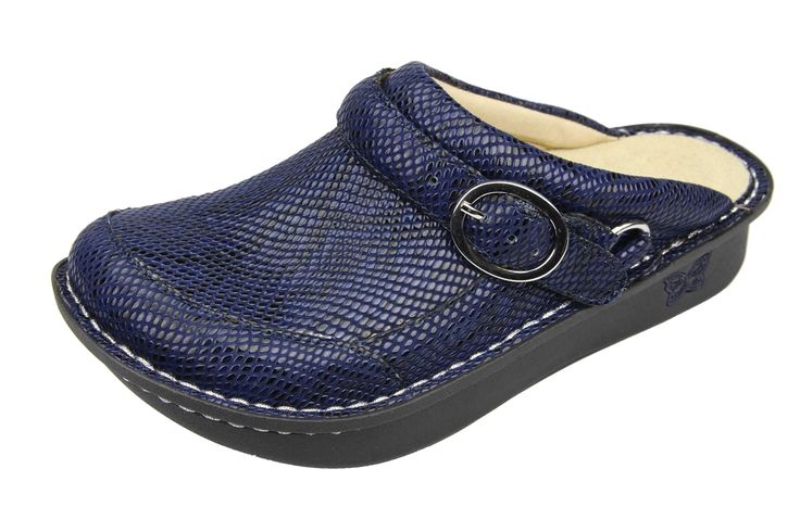 Alegria Shoes Seville Blue Snakey Jake #alegriashoes Blue Clogs With Arch Support And Round Toe, Blue Round Toe Clogs With Arch Support, Blue Slip-resistant Clogs With Round Toe, Slip-resistant Blue Clogs With Round Toe, Blue Slip-on Clogs With Round Toe, Blue Slip-resistant Synthetic Clogs, Professional Shoes, Alegria Shoes, Colored Leather