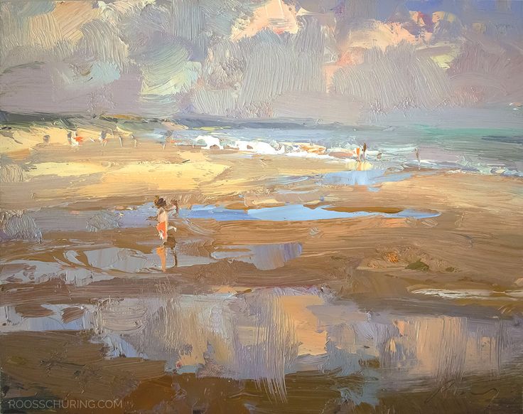 an oil painting of people walking on the beach by the ocean with clouds in the sky