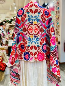 “Hueyapan Bohemian Multicolor Shawl With Embroidered Border, Multicolor Embroidered Shawl For Festivals, Bohemian Shawl With Intricate Multicolor Embroidery, Traditional Multicolor Embroidered Shawl, Ceremonial Embroidered Shawl For Festivals, Bohemian Multicolor Embroidered Shawl, Bohemian Embroidered Multicolor Shawl, Embroidered Ceremonial Shawl For Festivals, Folk Style Multicolor Embroidered Dupatta Shawl