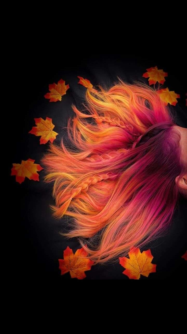 Fall hairstyle. #fall #ombre Colored Hair Updo, Vibrant Autumn Hair Color, Fire Color Hair Ombre, Ombre Fantasy Hair, Fun Fall Colors For Hair, Fire Inspired Hair Color, Vivid Hair Colors For Fall, Sunset Hair Color Ombre Fire, Fall Hair Ideas 2023