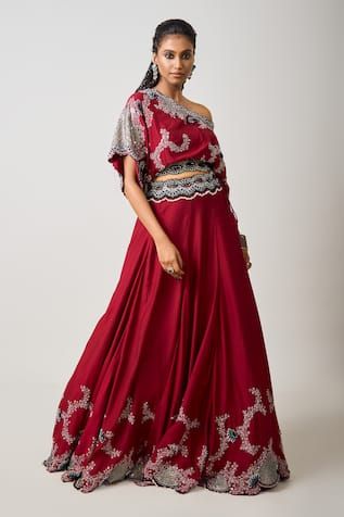 Burgundy red flared lehenga with bloom crest vine embroidery using sequin, thread, kantha, bead, fringe highlights. Paired with a matching embroidered one shoulder neck blouse. - Aza Fashions Red Lehenga For Evening Navratri, Red Lehenga For Evening Navratri Festival, Red Lehenga With Pallu For Evening, Red Semi-stitched Lehenga For Evening, Fringe Highlights, Top With Lehenga, Lehenga For Women, Flared Lehenga, Vine Embroidery