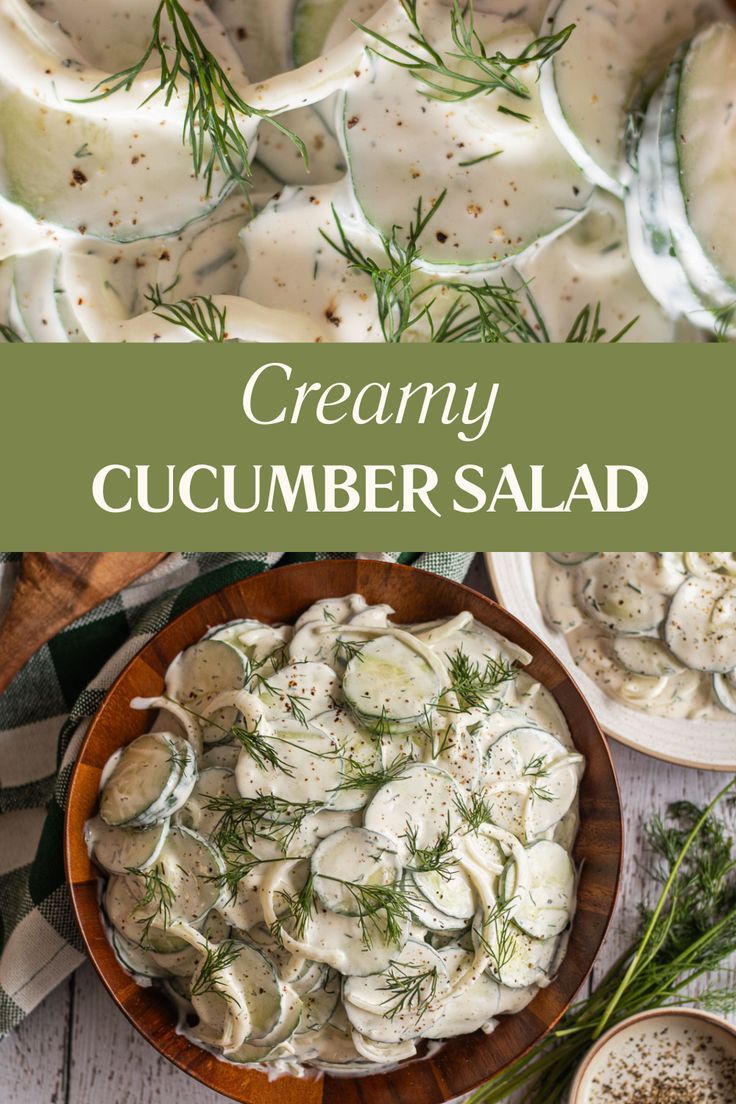 There are two images. The top image is a close up of old fashioned creamy cucumber salad with mayo and dill. The bottom image is a wooden bowl filled with the finished recipe. There is a smaller white plate with some creamy cucumber salad on it and some fresh dill. Cucumber Salad With Mayo, Picnic Salad, Pastry Puff, Dill Dressing, Creamy Cucumber Salad, Creamy Cucumbers, Salad Dressing Recipes Homemade, Cucumber Recipes Salad, Healthy Salad Dressing