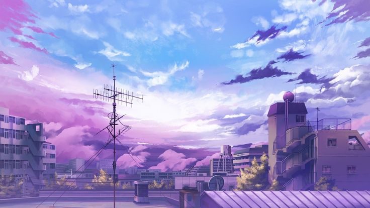 an anime scene with the sky and buildings in the foreground, pink clouds above