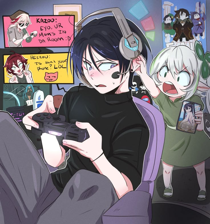 an anime character holding a game controller in front of two other characters with headphones on