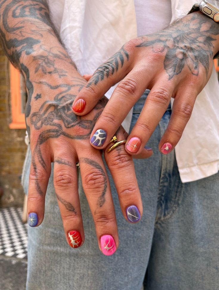 Textured chrome nail art is currently trending, and Lorna's set the tone with these fun designs! 🌀 To book: Gel Mani Full Works + Nail Art Level Two 🩶 #shoreditchnails #lornashoreditchnails #shoreditchnailspolish #nailartinspo #chrome #trending Painted Nails On Men, Men Nail Art Chrome, Chrome Nails For Men, Gel Nail Designs Men, Male Christmas Nails, Mens Gel Nails, Mens Nails Design Simple, Men’s Nail Arts, Chrome Nails Men