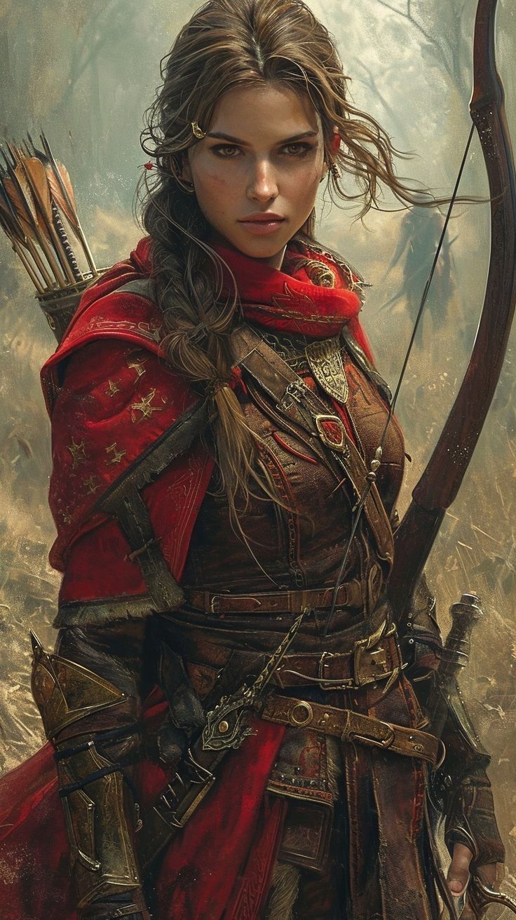 a woman dressed in red holding a bow and arrow