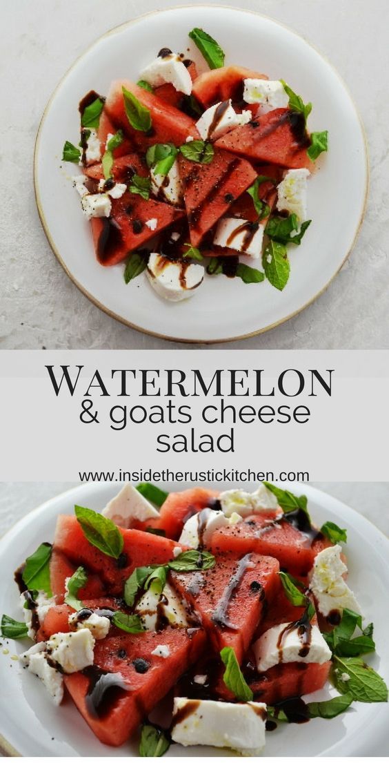 watermelon and goat cheese salad on a white plate with the title text overlay