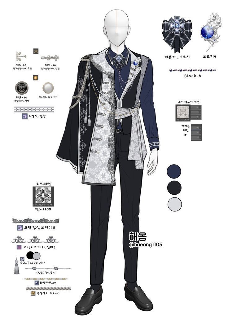 an anime character is dressed up in black and white clothing with blue accents on it