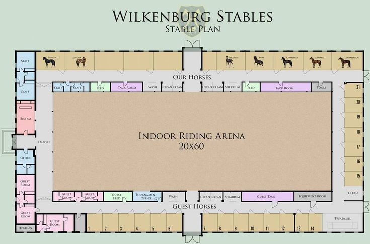 the floor plan for an indoor riding arena with horse stalls and horses on each side