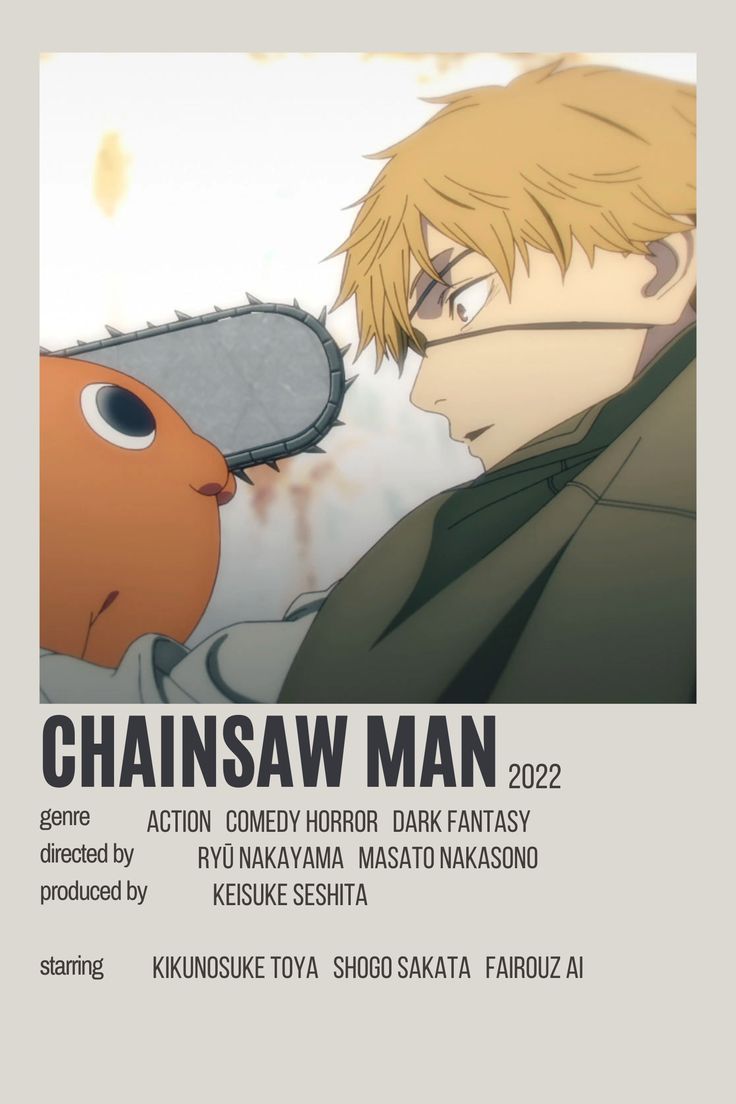 the poster for chainsaw man, featuring two men with glasses on their faces and one is