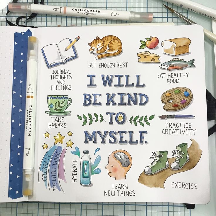 an open notebook with illustrations on it and the words i will be kind to myself