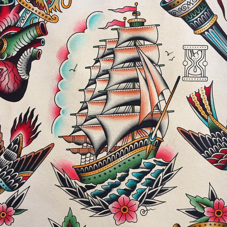 an old school style tattoo design with ships and flowers on white paper, in full color