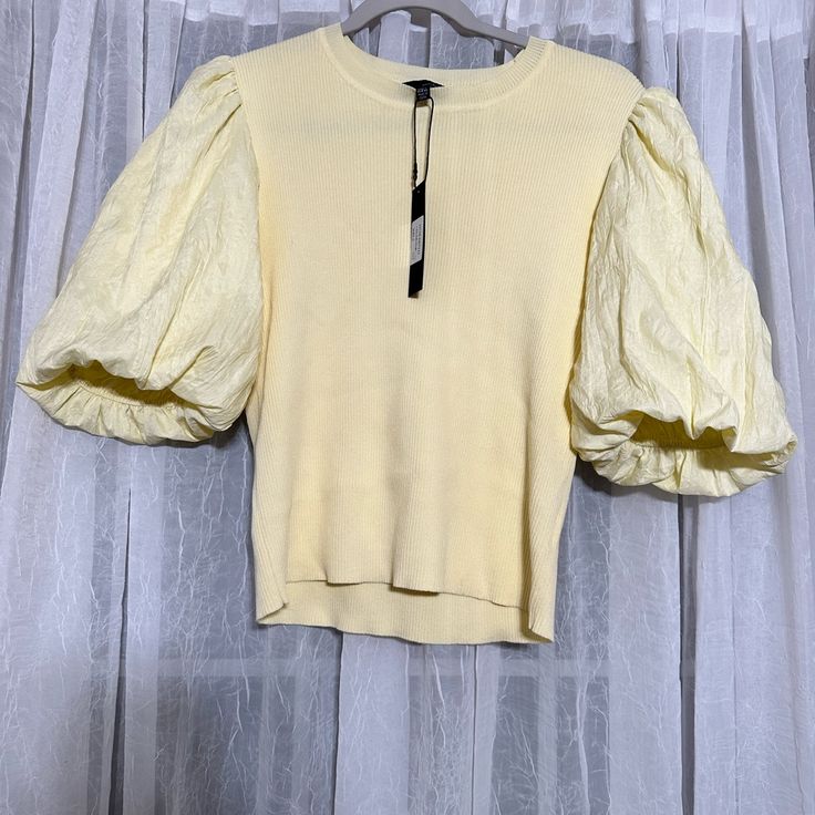 Yellow Blouse Fitted/Puffed Sleeve Never Worn Size L, Fits Like M-L To Me Smoke Free Home. Stretch Puff Sleeve Blouse For Brunch, Spring Puff Sleeve Knit Top, Spring Puff Sleeve Knit Top For Work, Summer Balloon Sleeve Tops With Stretch, Stretch Balloon Sleeve Tops For Summer, Summer Balloon Sleeve Stretch Tops, Summer Stretch Blouse With Balloon Sleeves, Summer Stretch Balloon Sleeve Blouse, Balloon Sleeve Stretch Tops For Summer