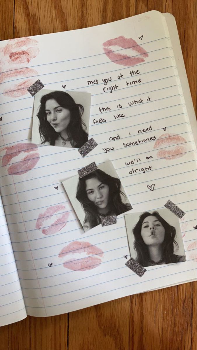 an open notebook with pictures of women's lips and words written on the pages