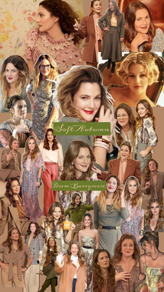 Drew Barrymore Soft Autumn, Drew Barrymore Color Season, Soft Autumn Celebrity Examples, Soft Autumn Color Palette Celebrities, Soft Autumn Vs True Autumn, Soft Autumn Hair Color Ideas, Soft Autumn Celebrities, Autumn Celebrities, Autumn Story