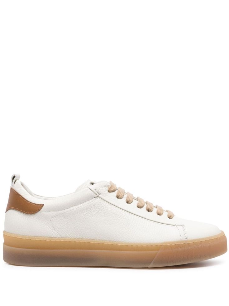 off-white/light brown calf leather grained texture round toe front lace-up fastening logo-debossed tongue pull-tab at the heel contrasting heel counter flat rubber sole branded leather insole leather lining Footwear Design, Pull Tab, Sneakers White, Mens Shoes Sneakers, Leather Sneakers, White Light, Light Brown, Calf Leather, Lace Front