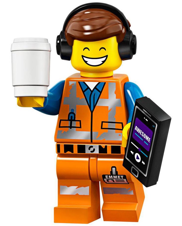 a lego man with headphones is holding a cell phone and a mp3 player in his hand