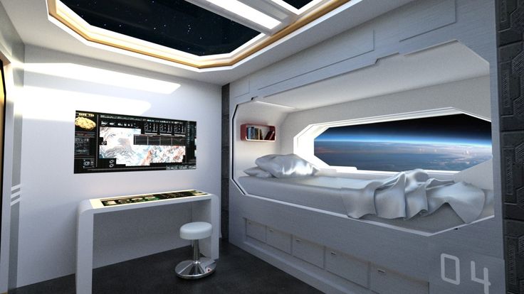 the interior of a space ship bedroom with white furniture and windows on both sides of the bed