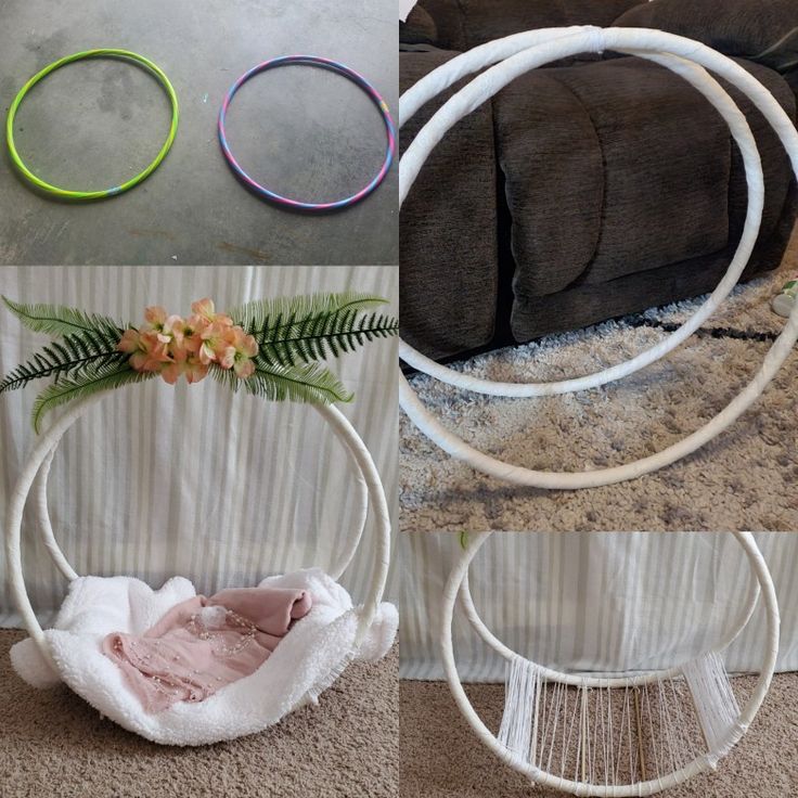 three different types of hoop holders with flowers and leaves on them, one is hanging from the ceiling