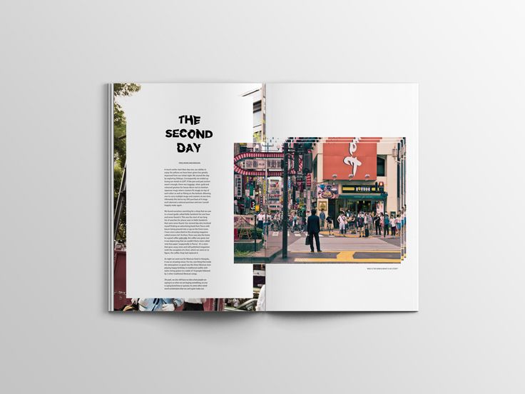 an open magazine with people walking on the street in front of buildings and shops,