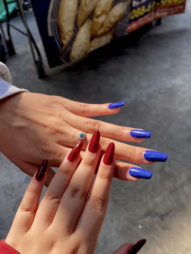 Dark Blue And Red Nails, Blue Red Nails, Red Blue Nails, Nails Theory, Blue And Red Nails, Red And Blue Nails, Eagle Nails, Dark Red Nails, Indigo Nails