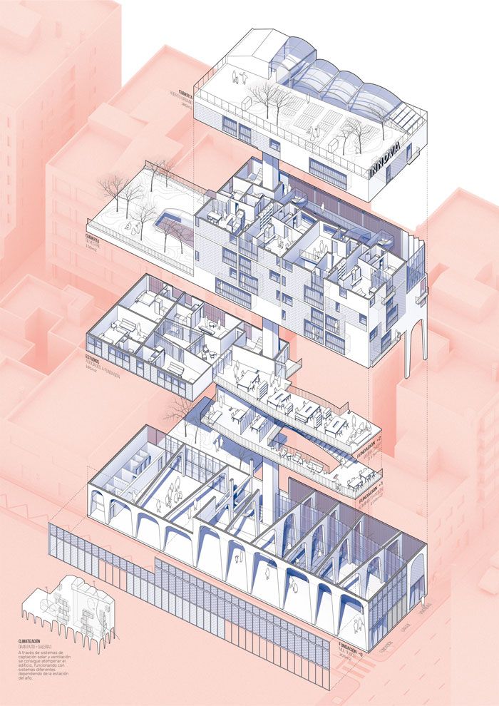 an architectural drawing of three buildings on top of each other