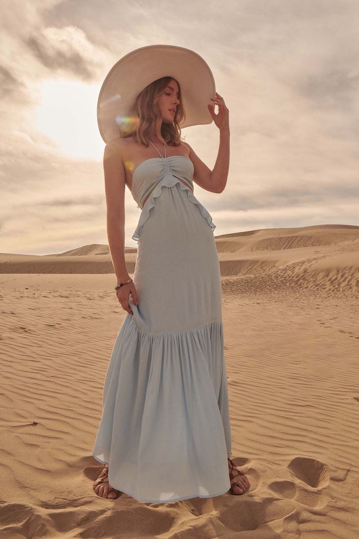 Cloud Nine Ruffled Cutout Halter Maxi Dress - ShopPromesa Floor-length Ruffle Hem Maxi Dress For Brunch, Spring/summer Ruffled Maxi Dress, Floor-length Ruffled Maxi Dress For Beach, Floor-length Ruffled Sundress Maxi Dress, Flowy Blue Ruffle Maxi Dress, Girls Spring Fashion, Cute Maxi Dress, Maxi Sundress, Elegant Midi Dresses