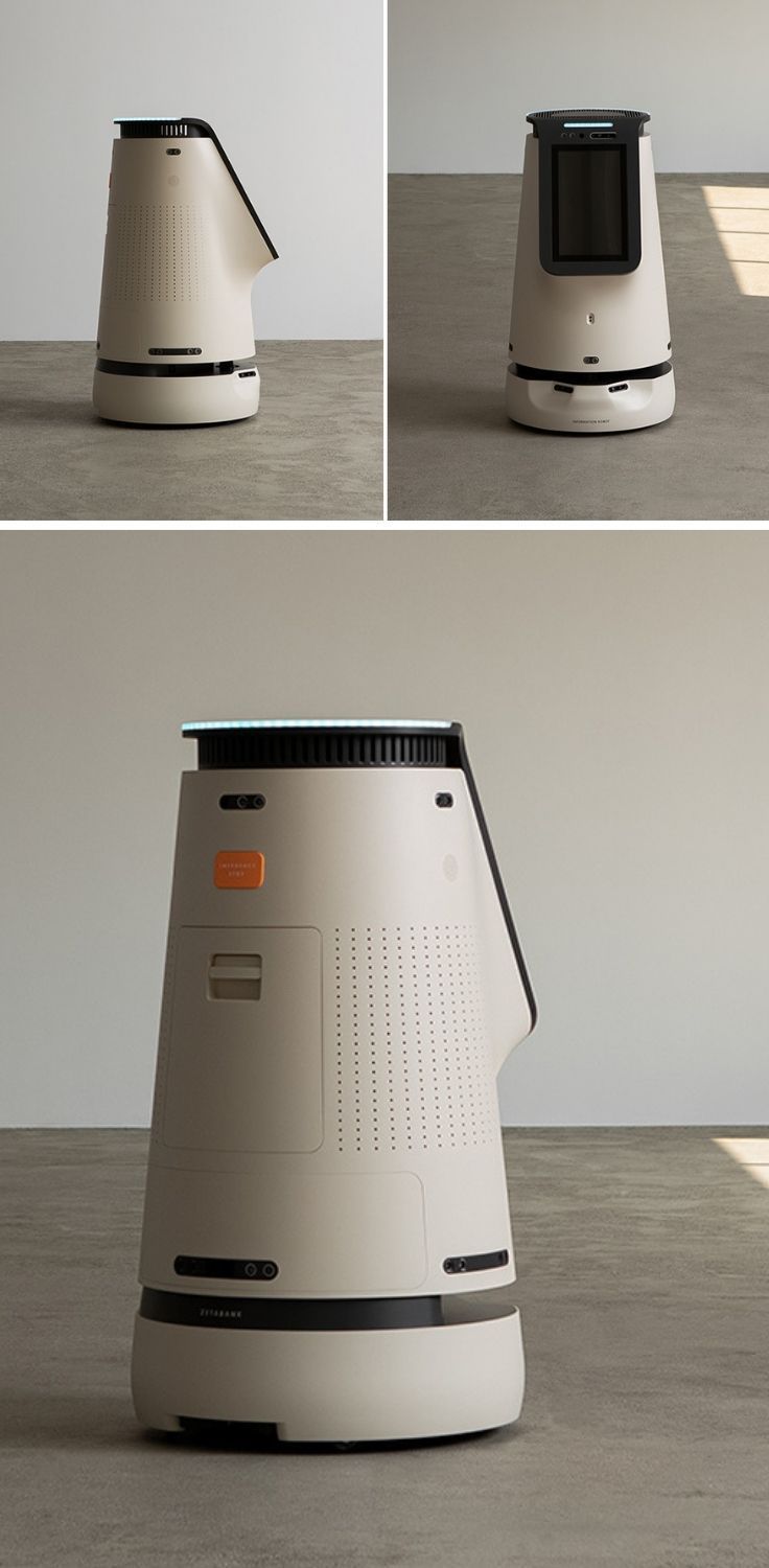 four different views of a white and black coffee pot with an orange light coming from the top