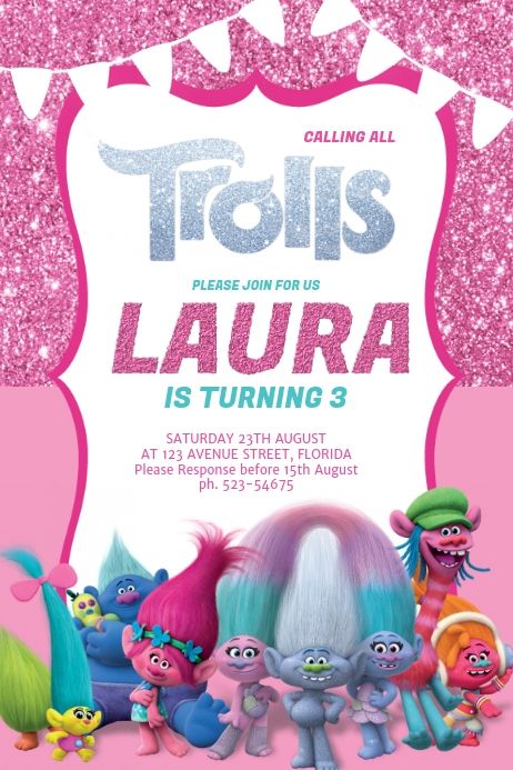 a pink and blue birthday party with trolls on it