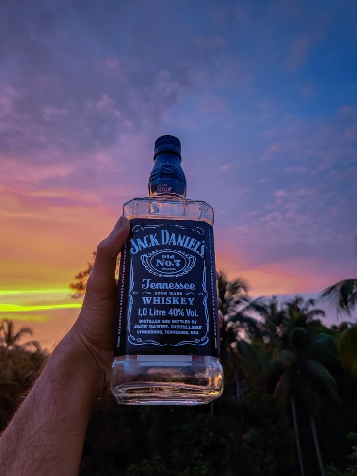 a person holding up a bottle of jack daniels whiskey in front of a sunset sky