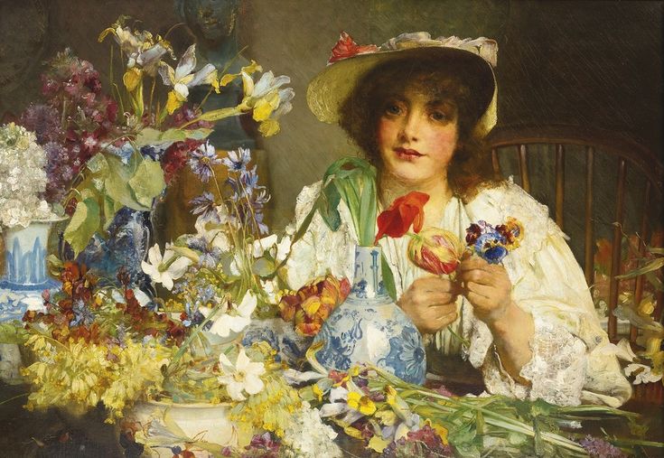 a painting of a woman sitting at a table with flowers