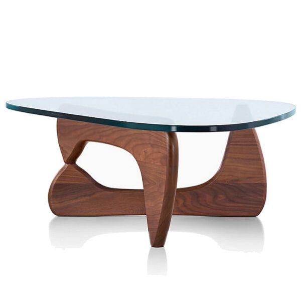 a glass and wood coffee table with an unusual design on the top, in front of a white background