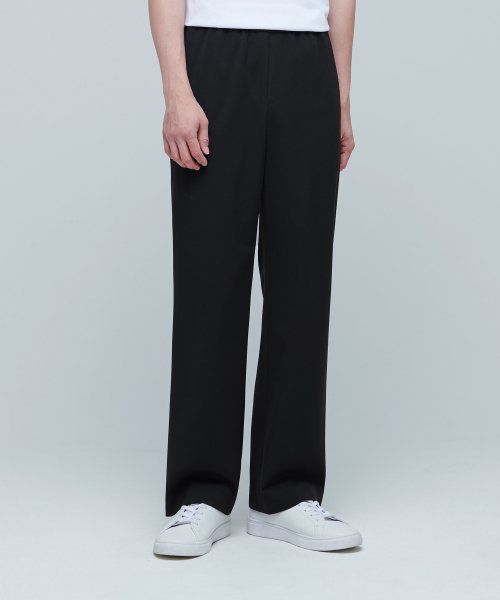 Aplaze Wide Banding Slacks Pants Black Unisex - APLAZE Classic Black Straight Leg Work Pants, Straight Leg Dress Pants With Elastic Waistband, Black Full-length Pants For Business Casual, Classic Black Straight Leg Pants, Black Tailored Tapered Leg Pants, Tailored Straight Leg Black Work Pants, Black Relaxed Fit Dress Pants For Formal Occasions, Black Tailored Full-length Bottoms, Classic Black Leather Pants