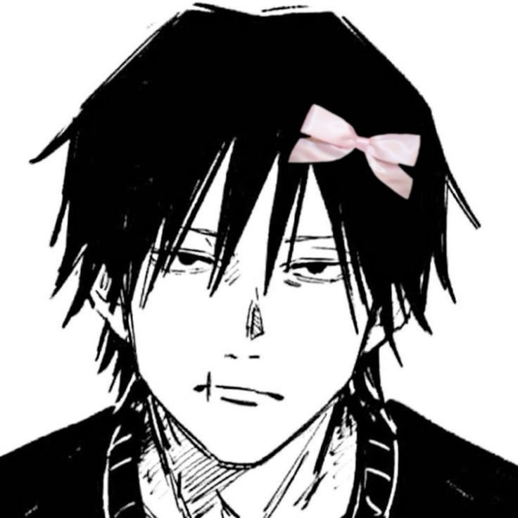 an anime character with black hair and a pink bow tie