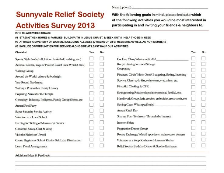 a survey form with the words,'sunnyvale relief society activities survey 2013 '