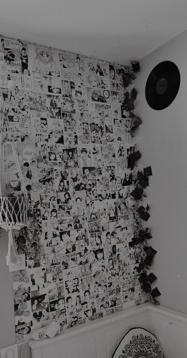 black and white photograph of a bedroom wall with pictures on it, including basketball hoop