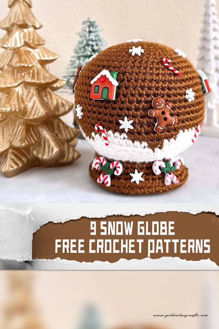 a crocheted christmas ornament with a gingerbread house on it and trees in the background