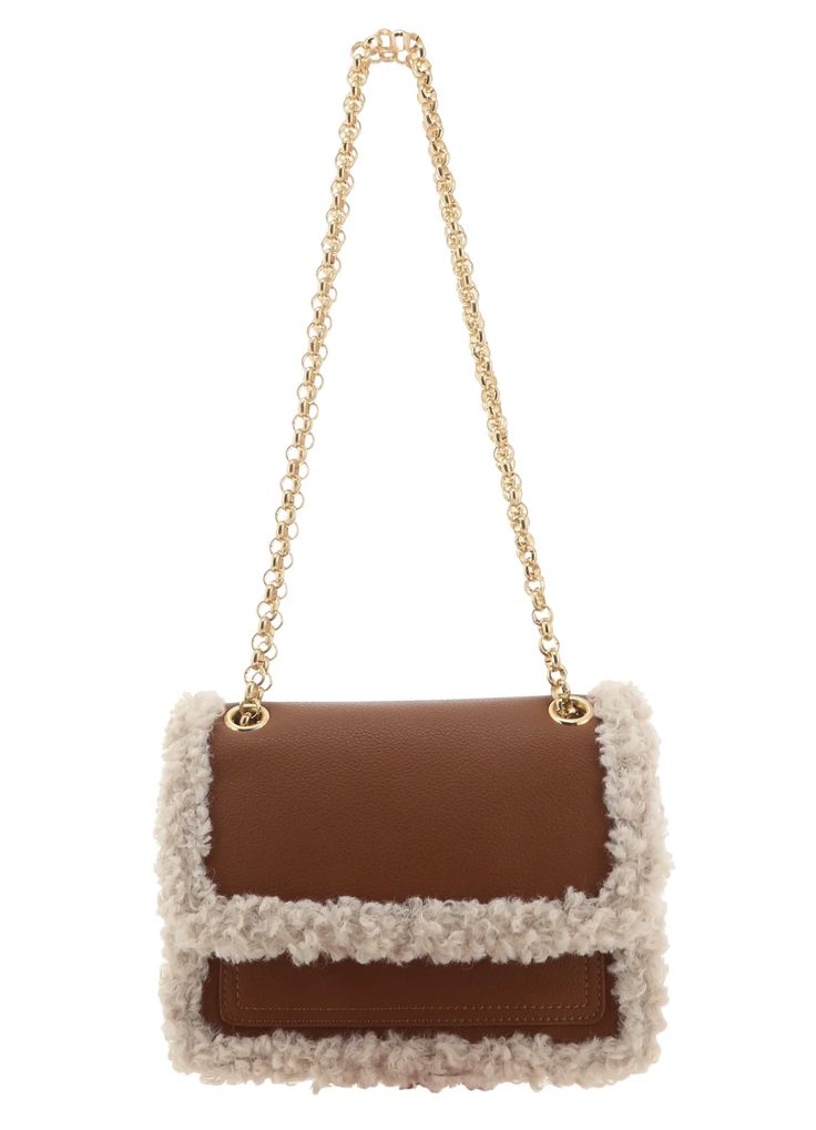 Gorgeous shearling lined handbag with latch closure and a convertible shoulder to a crossbody chain strap with a 12-22" strap drop. This crossbody is the perfect neutral piece to add a little flare to your fall and winter attire. Materials: Polyurethane, polyester; cotton liningDimensions: 8"L, 6"W, 3.5"D Chic Winter Shoulder Bag With Faux Fur Lining, Chic Shoulder Bag With Faux Fur Lining, Chic Beige Shoulder Bag With Faux Fur Lining, Winter Evening Shoulder Bag With Faux Fur Lining, Elegant Evening Shoulder Bag With Faux Fur Lining, Brown Shoulder Bag With Faux Fur Lining For Fall, Chic Evening Shoulder Bag With Faux Fur Lining, Fall Brown Shoulder Bag With Faux Fur Lining, Elegant Winter Shoulder Bag With Faux Fur Lining