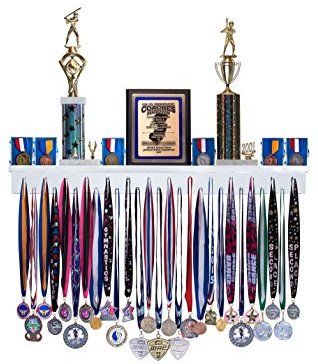 an assortment of medals and trophies on a shelf