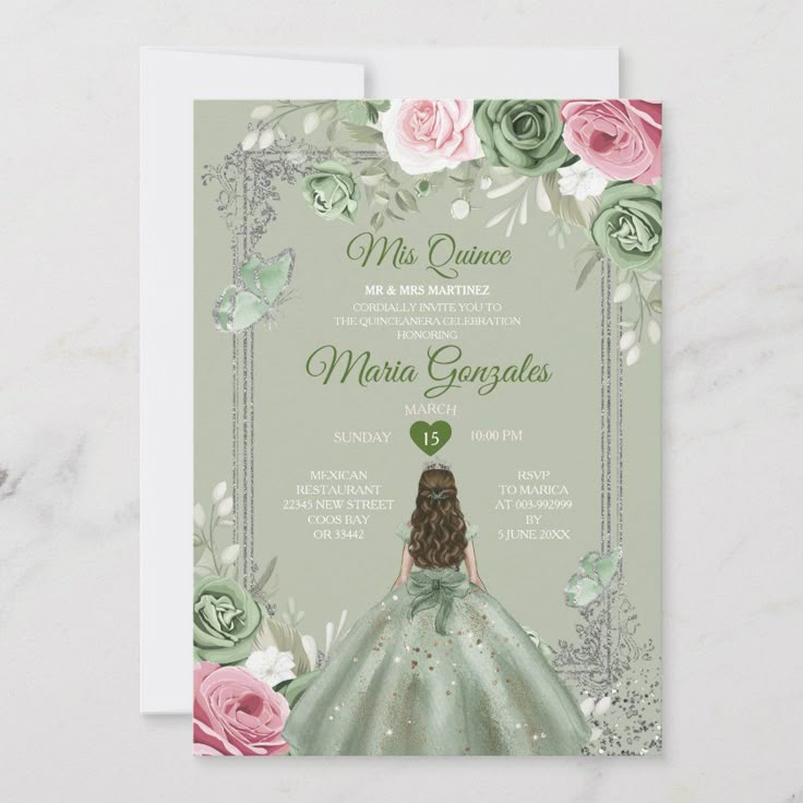 a green and pink wedding card with roses on the front, featuring an image of a woman in a ball gown