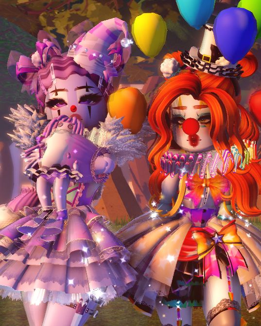 two animated clowns are standing next to each other with balloons in the air behind them