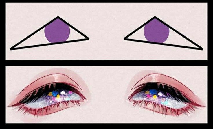 an eye with purple eyeshades and pink eyelashes, is shown in three different angles