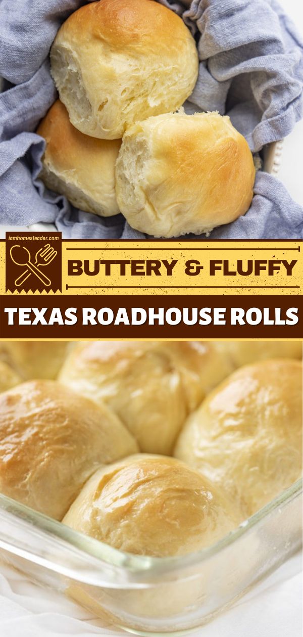 buttery and fluffy texas roadhouse rolls in a casserole dish with text overlay