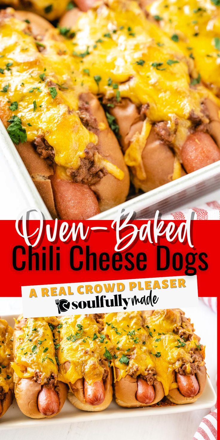 2 image collage for oven baked cheese dogs. Oven Chili Dogs, Oven Baked Chili Cheese Dogs, Oven Baked Hotdogs, Chili Dogs In Oven, Hot Dogs In The Oven, Baked Chili Dogs, Chilli Cheese Dogs, Meaty Chili, Chili Dog Bake