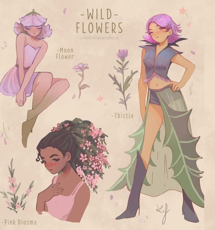 three different types of women with flowers in their hair